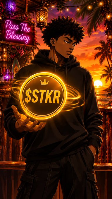 An anime-style illustration of a young man in a black hoodie holding a glowing golden coin labeled '$STKR', with a 'Pass The Blessing' neon sign and a sunset beach in the background.