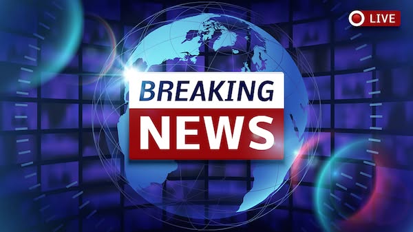 A news broadcast graphic featuring a blue globe with the text 'BREAKING NEWS' and a red 'LIVE' indicator in the corner.