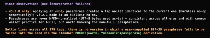 The image shows a code snippet listing "Minor observations (not incorporation failures)" about passphrase handling, specifically noting that versions v5.2.0 and v5.2.1 perform an empty passphrase "no-op" semantically, and that across all 178 tags there is no version where a user-supplied BIP-39 passphrase fails to be folded into the seed via PBKDF2 derivation.

The caption relates to the post's theme of Bitcoin security by humorously implying that the user's spouse (a developer, presumably) ensures their wallet passphrase is meticulously handled—much like the robust PBKDF2 derivation described in the code, leaving no vulnerability across versions.