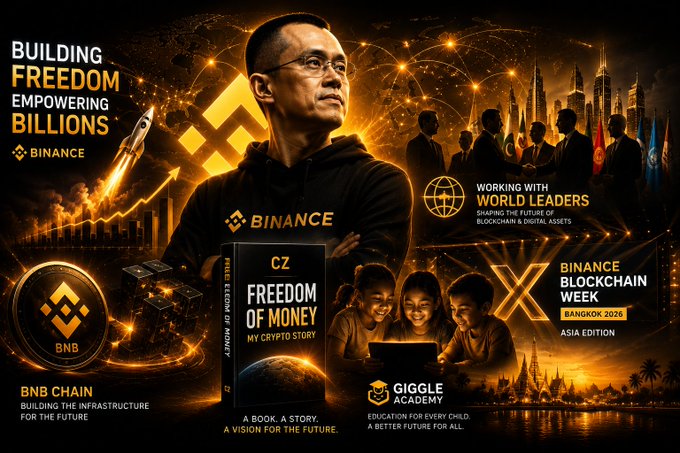 A promotional image for Binance featuring CZ (Changpeng Zhao) at the center wearing a Binance hoodie, surrounded by the tagline "Building Freedom, Empowering Billions" along with imagery of a rocket, his book "Freedom of Money: My Crypto Story," the BNB chain logo, the Binance Blockchain Week Bangkok 2026 Asia Edition event, and the Giggle Academy for children's education—illustrating CZ's evolution from founding a crypto exchange in 2017 to now advising governments, working with world leaders, building the $BNB ecosystem, and promoting blockchain education.