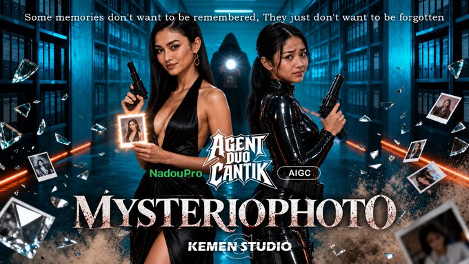 A promotional graphic for "Mysteriophoto" by KEMEN STUDIO / NadouPro, featuring two women in black outfits holding guns with the text "AGENT DUO CANTIK AIGC" and "Some memories don't want to be remembered, They just don't want to be forgotten."