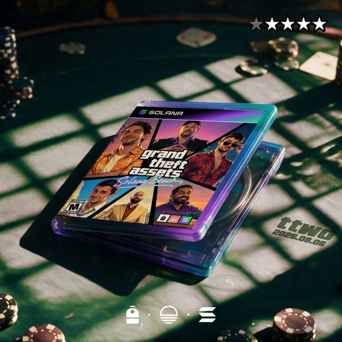 A stack of collectible cases for "Grand Theft Auto: Solana Beach" sits on a green poker table, with the $SOLANA ticker and a stylized "$TTWO 2026.06.06" stamp playfully suggesting a tokenized version of Take-Two Interactive on Solana ahead of GTA 6—visualizing the "everything ends up onchain" thesis in absurdly literal fashion.