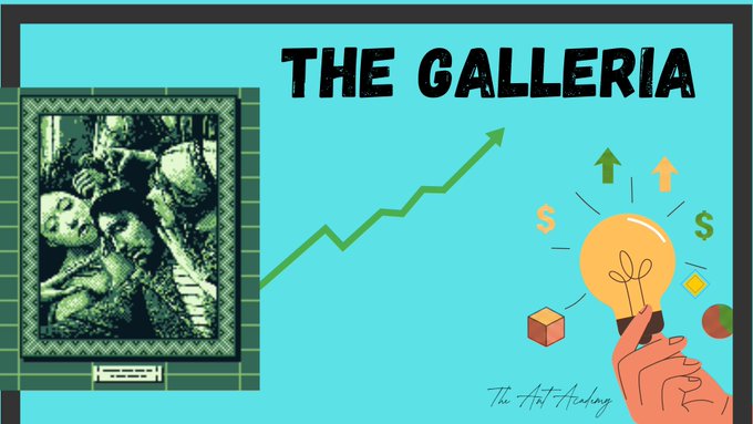 The image is a graphic titled "THE GALLERIA" featuring a framed pixel-art piece on the left, an upward-trending green arrow across the center, and an illustrated hand holding a glowing lightbulb surrounded by upward arrows, dollar signs, and geometric shapes on the right, with "The Art Academy" signed at the bottom—visually reinforcing the post's celebration of The Galleria NFT project's strong holder loyalty, noting that 65.7% of collectors have never sold their pieces (diamond handing) while only 34.3% of wallets have.