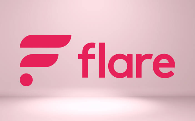 The pink logo for 'flare' displayed on a light pink background, featuring a stylized 'F' made of wing-like shapes with a circle beneath it.