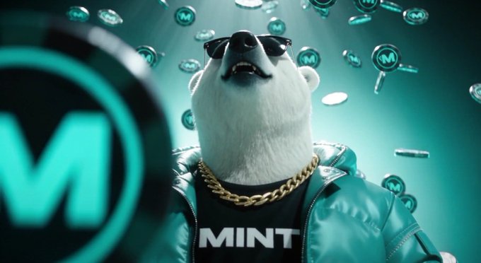 A stylized digital illustration features a white bear character wearing sunglasses and a gold chain, with 'MINT' displayed on its shirt, surrounded by floating coins marked with an 'M'.