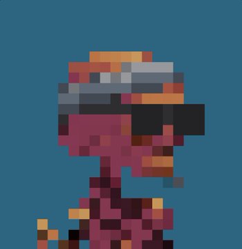 A pixel art character portrait showing a figure with a colorful striped hat, sunglasses, and a reddish-purple outfit against a teal background.
