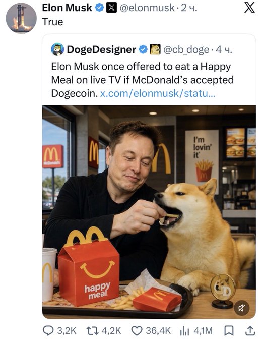 The image shows a man holding a dog's tongue over his face while sitting next to a dining table that has two microwavable meals (McGoin' for dogs) placed nearby, likely from the McDonald's brand. The caption on the picture reads "Elon Musk is promoting #DOGE again." This post seems to be discussing the promotion of the dog food brand in the image and possibly shares a photo or video of this interaction between the man and his dog with others.