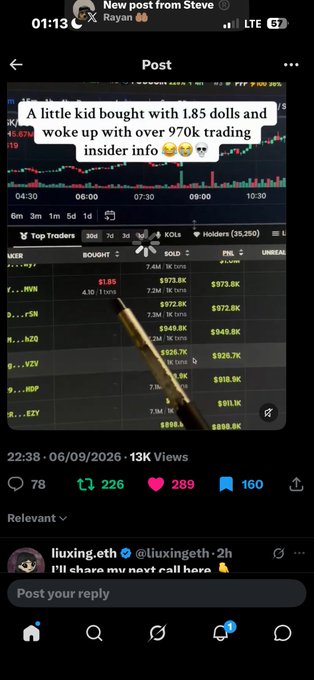 A Twitter/X post screenshot shows a stock chart with the caption "A little kid bought with 1.85 dollss and woke up with over 970k trading insider info 😭🐱" posted by @liuxing.eth, displaying trading data with various tickers and PNL figures.
