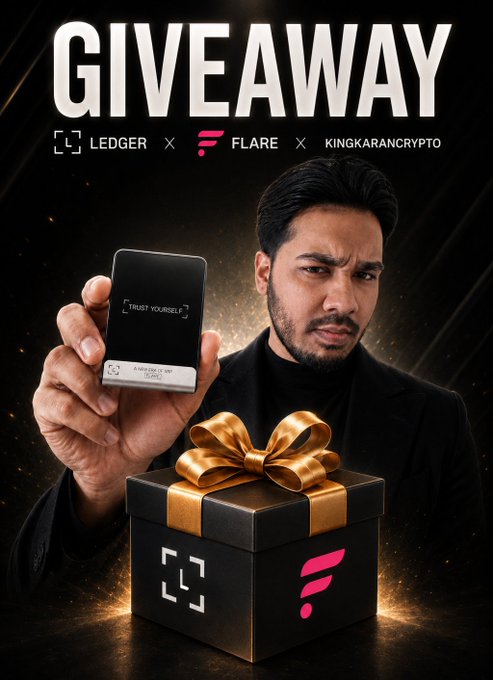 A promotional graphic announces a 'GIVEAWAY' collaboration between Ledger, Flare, and KingKaranCrypto, featuring a man holding a Ledger hardware wallet above a gift box.