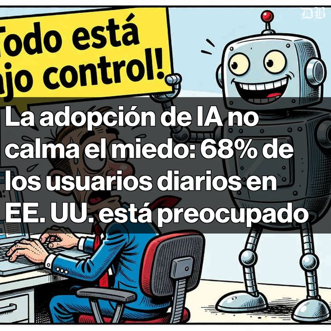 A cartoon illustration shows a worried man at a computer with a smiling robot behind him holding a sign reading 'Todo está bajo control!'; overlaid Spanish text states 'La adopción de IA no calma el miedo: 68% de los usuarios diarios en EE. UU. está preocupado'.