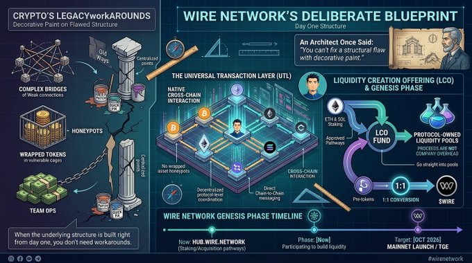 An infographic titled "WIRE NETWORK'S DELIBERATE BLUEPRINT" comparing "CRYPTO'S LEGACY WORKAROUNDS" with features like "THE UNIVERSAL TRANSACTION LAYER (UTL)" and "LIQUIDITY CREATION OFFERING (LCO)", with a timeline targeting "MAINNET LAUNCH / TGE [OCT 2024]" and the handle "@wirenetwork".
