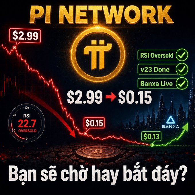 The image features a graphic with a Bitcoin symbol, a downward-pointing arrow, and a price drop of $2.99 oversold. The text below the image reads "Banse hội Pi network: Giá có vẻ như thảm họa? Nhưng RSI vào oversold, hạ tầng v23 hoàn thành, Banxa đã tích hợp. Đáy lịch sử รามียง; bạn sẽ chờ hay bắt đáy?". The image is accompanied by a caption in another language, which translates to "What does the price drop mean?"