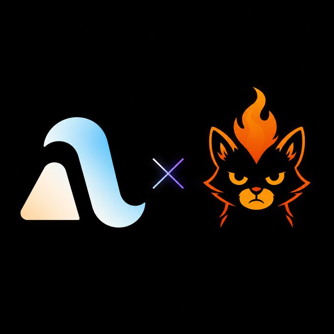 Two logos on a black background: a stylized white and blue wave/triangle design separated by an 'x' from an orange flame-headed cat mascot.