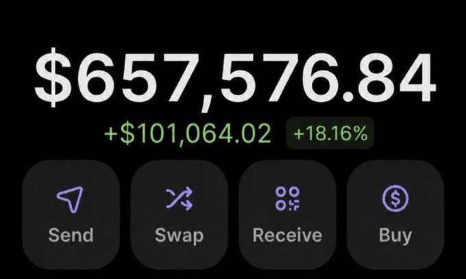 A screenshot of a crypto wallet displaying a portfolio balance of $657,576.84, up $101,064.02 (+18.16%), with Send, Swap, Receive, and Buy options — illustrating the profits that could be made by following the caller's memecoin trades like $CASHCAT, $JIMOTHY, $CATE, and $ANSEM.