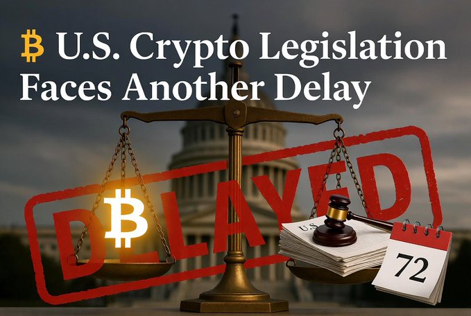 A news-style graphic titled 'U.S. Crypto Legislation Faces Another Delay' features a scale of justice in front of the U.S. Capitol, stamped with a red 'DELAYED' mark and a calendar showing '72'.