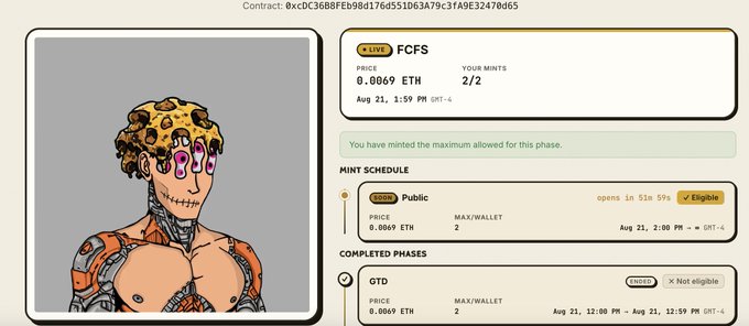 A crypto minting page shows a Frankenstein-like “weirdo” character alongside the “FCFS” and “GTD” mint phases at 0.0069 ETH per mint, with a 2-per-wallet limit. A banner says “You have minted the maximum allowed for this phase,” matching the post’s excitement about snagging the “weirdos” from @0xmj_ and crew.