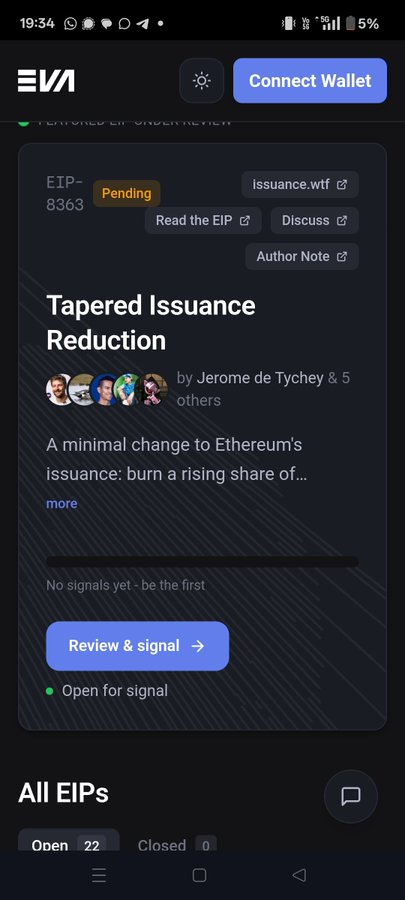 A mobile screenshot of the ENA platform shows EIP-8363 "Tapered Issuance Reduction" marked as Pending, with options to Read the EIP, Discuss, or view Author Note, and a "Review & signal" button awaiting the first input from stakers. The image illustrates the post's question about how stakers will signal on this proposal, as no signals have yet been cast.