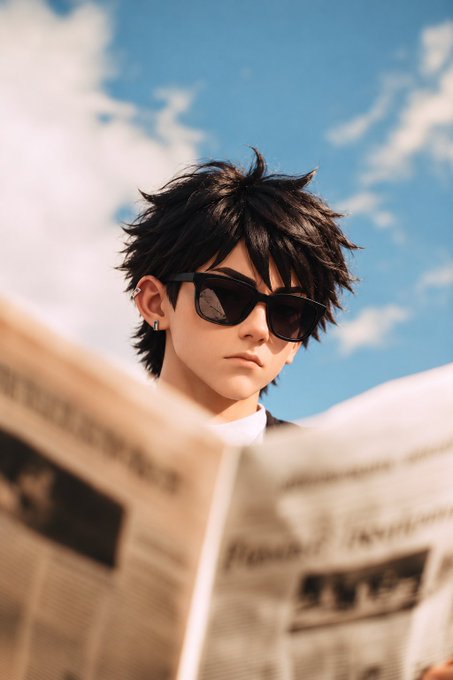 A stylish young man with tousled dark hair and sunglasses reads a newspaper against a cloudy blue sky. The image evokes a laid-back Friday vibe—someone catching up on the news while embracing the weekend.