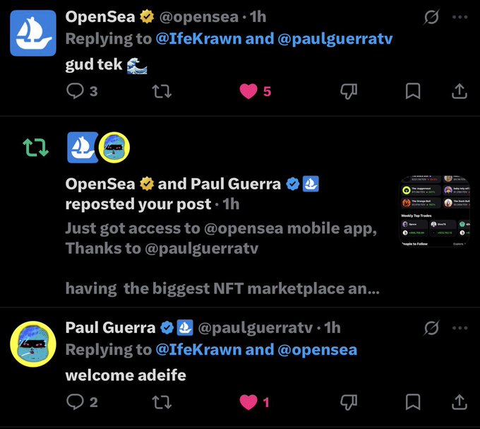 The image shows a Twitter interaction where @IfeKrawn announces gaining early access to OpenSea's mobile app, and receives reposts from both OpenSea (@opensea) and Paul Guerra (@paulguerratv), with OpenSea commenting "gud tek" and Guerra welcoming him with "welcome adeife." This confirms the poster's excitement about being recognized and reposted by the major NFT marketplace OpenSea.