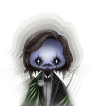 A stylized digital illustration of a pale figure with dark, large eyes, brown hair, and a black bow tie draped in a green cloak, with white feathery wings behind them.