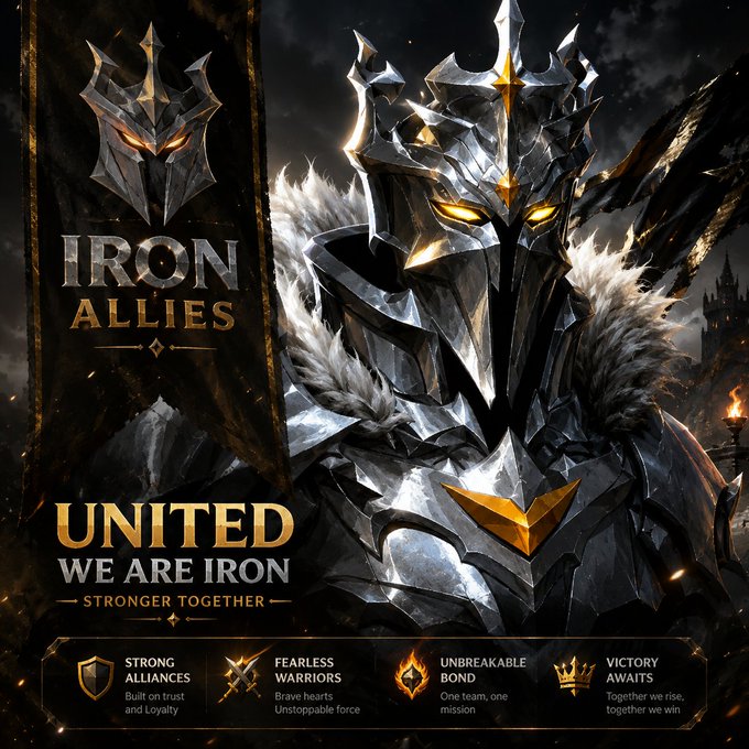 A promotional graphic for "Iron Allies" featuring a knight in dark, spiked armor with glowing eyes, displaying the tagline "UNITED WE ARE IRON" and "STRONGER TOGETHER," along with four key values: "Strong Alliances Built on Trust and Loyalty," "Fearless Warriors Brave Hearts Unstoppable Force," "Unbreakable Bond One Team, One Mission," and "Victory Awaits Together We Rise, Together We Win." The image visually reinforces the post's message about shifting whitelist rewards toward community reputation and contribution, emphasizing the strength found in unity and alliance-building within the Iron Lords ecosystem.