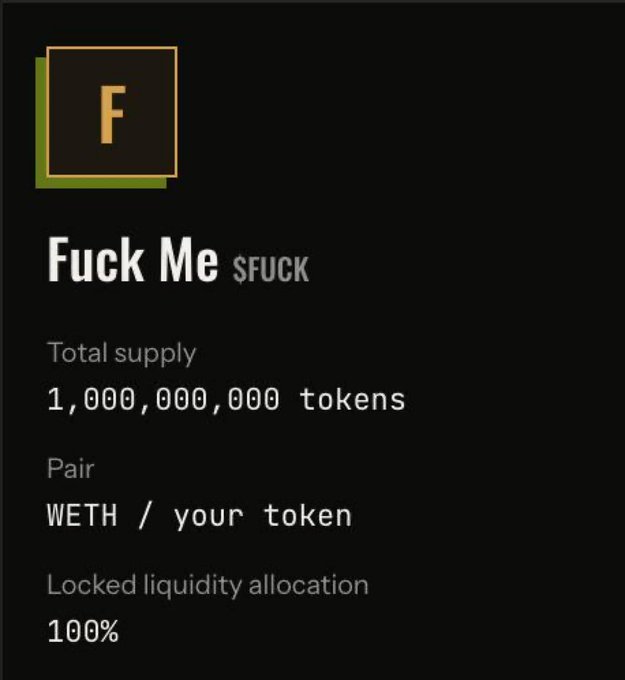The image shows a cryptocurrency token listing page for "$FUCK" (ticker F), with the name "Fuck Me," a total supply of 1,000,000,000 tokens, paired with WETH, and 100% locked liquidity allocation. It appears to be mocking or referencing the launchpad announcement by parodying the format of a legitimate token launch page, humorously juxtaposing serious metrics (locked liquidity, supply) with the irreverent "$FUCK" ticker and "200,000 WIF" requirement mentioned in the post.