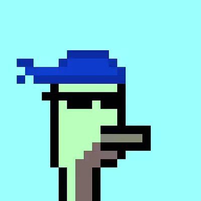 A pixel art rendering of a figure wearing a blue fedora hat against a solid cyan background.