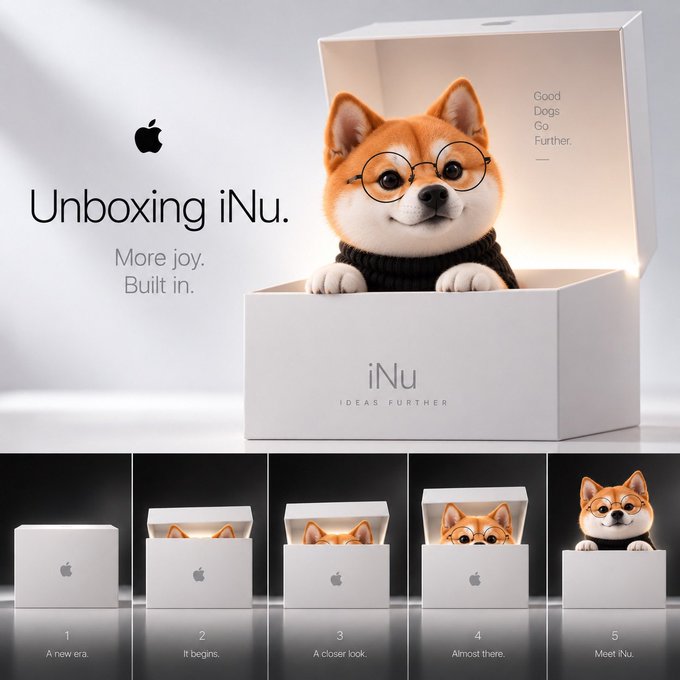 An advertisement titled 'Unboxing iNu. More joy. Built in.' shows a Shiba Inu dog in glasses emerging from an Apple-style box across five stages labeled 1 through 5.
