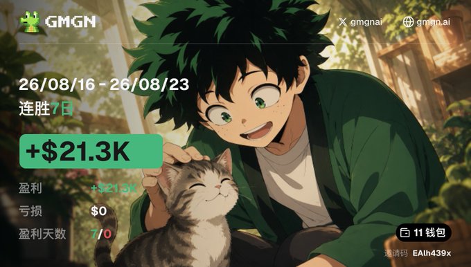 An anime-style promotional graphic for GMGN showing a green-haired character (resembling Izuku Midoriya) petting a cat, with trading stats including dates 26/08/16 - 26/08/23, a 7-day win streak, and profit of +$21.3K.