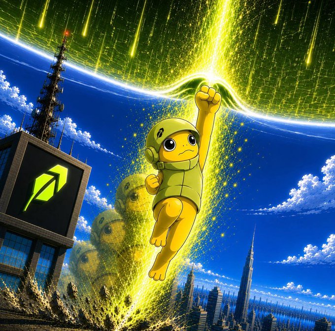 A vibrant anime-style illustration featuring a Pikachu-like character wearing a Robinhood-themed helmet and vest, punching upward through a glowing green energy portal above a futuristic cityscape.