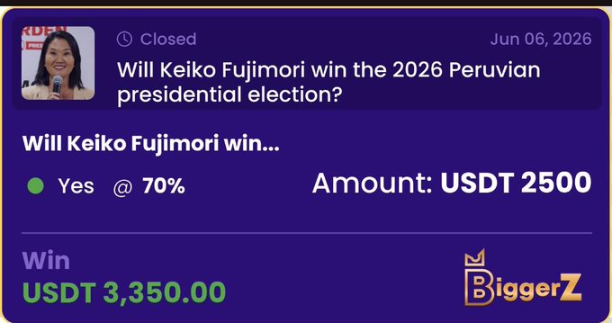 "imagine turning a political prediction into 34% profit stake: 2,500 USDT potential return: 3,350 USDT that' s the power of prediction markets @ biggerztrends", as seen in this image or on a banner at the bottom right corner of a website. The post shows an interactive platform where users can speculate and trade political predictions with others for financial gain.