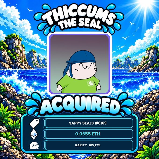 A colorful NFT graphic titled 'THICC CUMS THE SEAL ACQUIRED' displays a cartoon seal character wearing a blue headband and green shirt, with details reading 'SAPPY SEALS #6169', '0.0655 ETH', and 'RARITY: #5,175'.