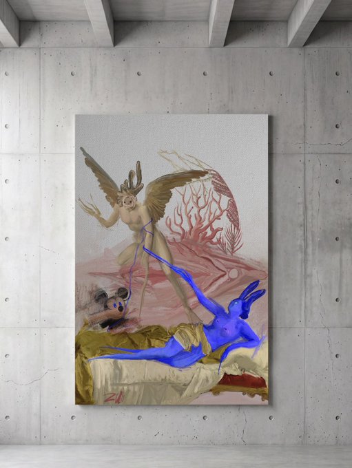 A surreal painting displayed on a concrete wall depicts a winged figure standing over a blue-skinned creature lying on a bed.
