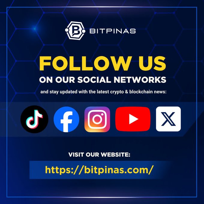 A promotional graphic for BitPinas featuring social media icons (TikTok, Facebook, Instagram, YouTube, X) and the website URL https://bitpinas.com/ against a blue hexagonal background.