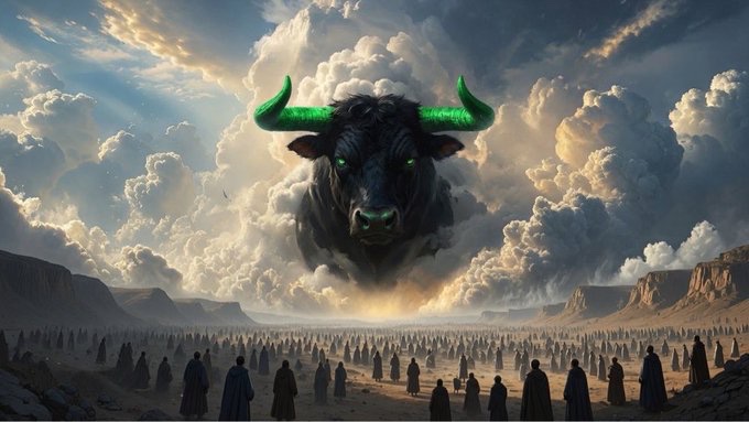 A massive black bull with glowing green eyes and horns emerges from dramatic storm clouds above a crowd of hooded figures gathered in a desert landscape, symbolizing the bullish market sentiment expressed in the post about $ANSEM being "THE BLACK BULL."