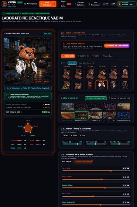 A dark-themed website interface for 'LABORATOIRE GÉNÉTIQUE VADIM' showcases a customizable teddy bear NFT, featuring options to choose bear skins, pick backgrounds, and adjust traits like 'Forma Cyber', 'Drips Factor', and 'Cloche Solana'.