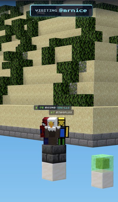 A Minecraft scene showing two players standing on block pillars above water, with usernames '@KUMO LON-LLO' (level 75) and '@TWOPLUS' (level 67) displayed, and a banner reading 'VISITING @mrnice' at the top.