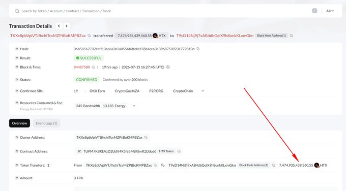 A TRON blockchain transaction details page showing a successful transfer of 7,474,935,439,560.55 HTX tokens (≈7.47 trillion) from address TXe6bpWpVTJihnchTcvMZBkBokMPfBZax to a black hole address (TYyD14N9jY7vA4dbGeX9hBunkKLcmGkn) on July 15, 2026, with an arrow highlighting the HTX burn.