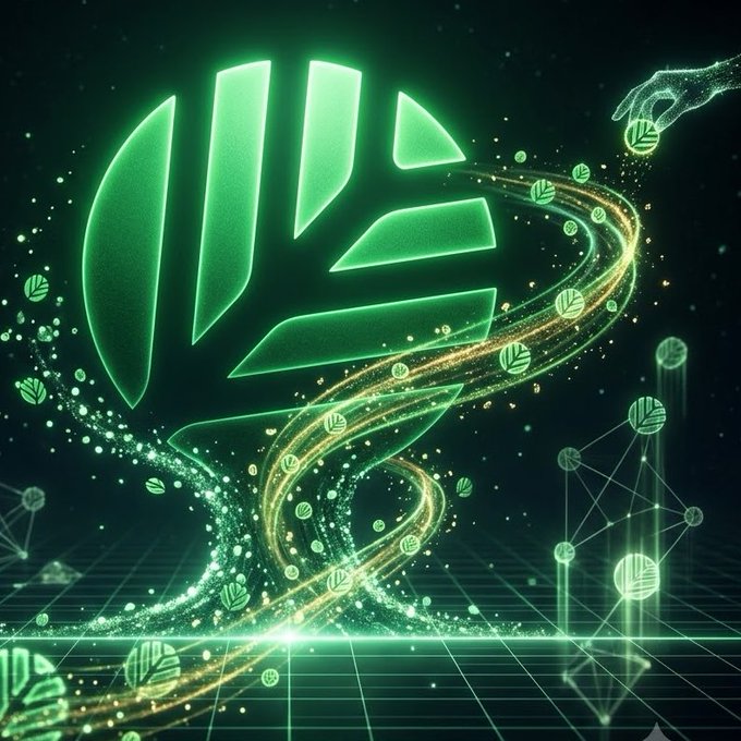 A digital graphic featuring a glowing green abstract shield or wing-like emblem with swirling particles and floating circular icons, set against a dark background with a retro grid floor and a cosmic hand reaching down.