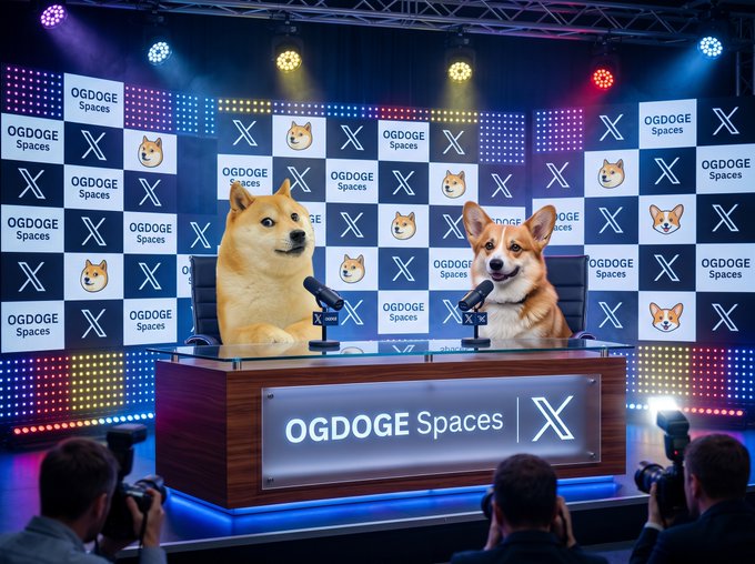 The image features a stage with two dogs sitting behind microphones, appearing as if they are hosting a podcast or radio show. The background of the scene includes a large screen displaying "@X Spaces" along with a logo for Doge Spaces. There is also a person taking pictures in the foreground and another person standing nearby.
