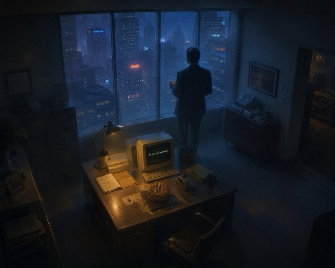 A solitary man in a suit stands at a high-rise office window at night, holding a cup while overlooking a glowing cityscape with illuminated skyscrapers, next to a desk with an old computer monitor.
