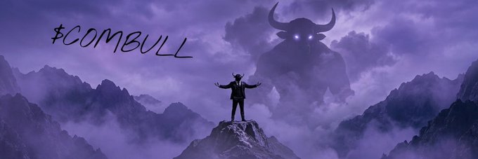 The image depicts a person in a suit standing triumphantly with arms outstretched on a mountain peak, facing a giant glowing-eyed bull emerging from purple clouds, with "$COMBULL" handwritten in the upper left. This dramatic banner visually represents the strength and bullish power of the Solana token, symbolizing a call for community members to rally behind the project.