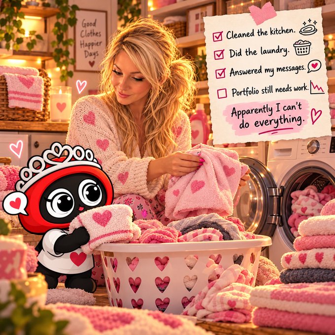 A meme-style image showing a cartoon character in a maid outfit holding a towel, next to a checklist noting tasks like 'Cleaned the kitchen' and 'Did the laundry,' while 'Portfolio still needs work' remains unchecked.