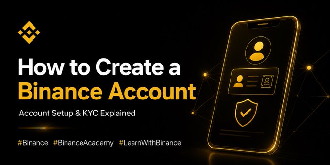 A tutorial thumbnail titled 'How to Create a Binance Account - Account Setup & KYC Explained' featuring an illustrated smartphone with profile and verification shield icons.