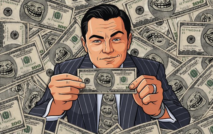 A smug man in a pinstripe suit holds a $100 bill featuring the Trollface meme, surrounded by countless similar bills covered in the iconic grinning face—visually reinforcing the "$TROLL" post's claim that the project owns the original Trollface IP, the most recognized meme on the internet.