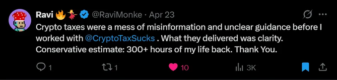 A screenshot of a tweet from @RaviMonke dated April 23 reads: "Crypto taxes were a mess of misinformation and unclear guidance before I worked with @CryptoTaxSucks. What they delivered was clarity. Conservative estimate: 300+ hours of my life back. Thank You." The tweet has 3K views and 10 likes. The accompanying post appears to be promoting a tax service's value, with this testimonial serving as evidence of a client's positive experience—though it's worth noting the tweet is about time saved rather than tax savings, which is what the accompanying post specifically highlights.