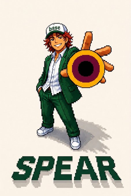 Pixel art depicts a red-haired anime character in a green suit and a 'Base' cap, posing with a large eye-shaped weapon, with the word 'SPEAR' written below.
