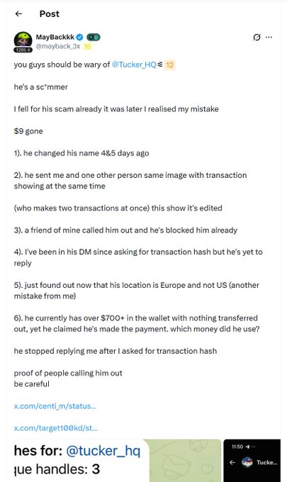 A Twitter post by @MayBackk warning users about @Tucker_HQ, describing them as a 'sc*mmer' who allegedly scammed them out of $9 with various suspicious behaviors.