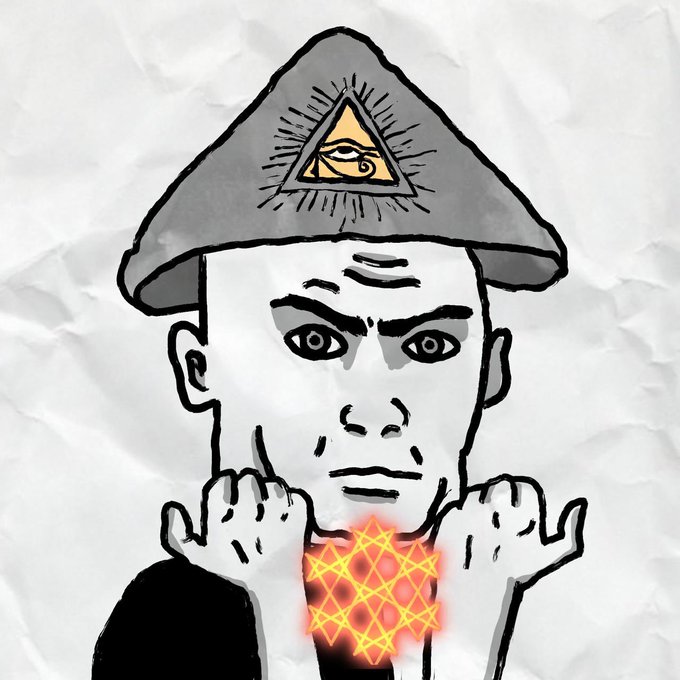 A Wojak-style meme character with a serious expression wears a tinfoil hat featuring an Illuminati eye symbol, with a glowing red Metatron's Cube symbol on his chest.