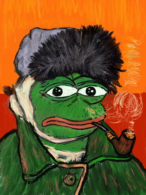A stylized painting of a green, frog-like figure wearing a fur hat and smoking a pipe, set against a vibrant orange background.